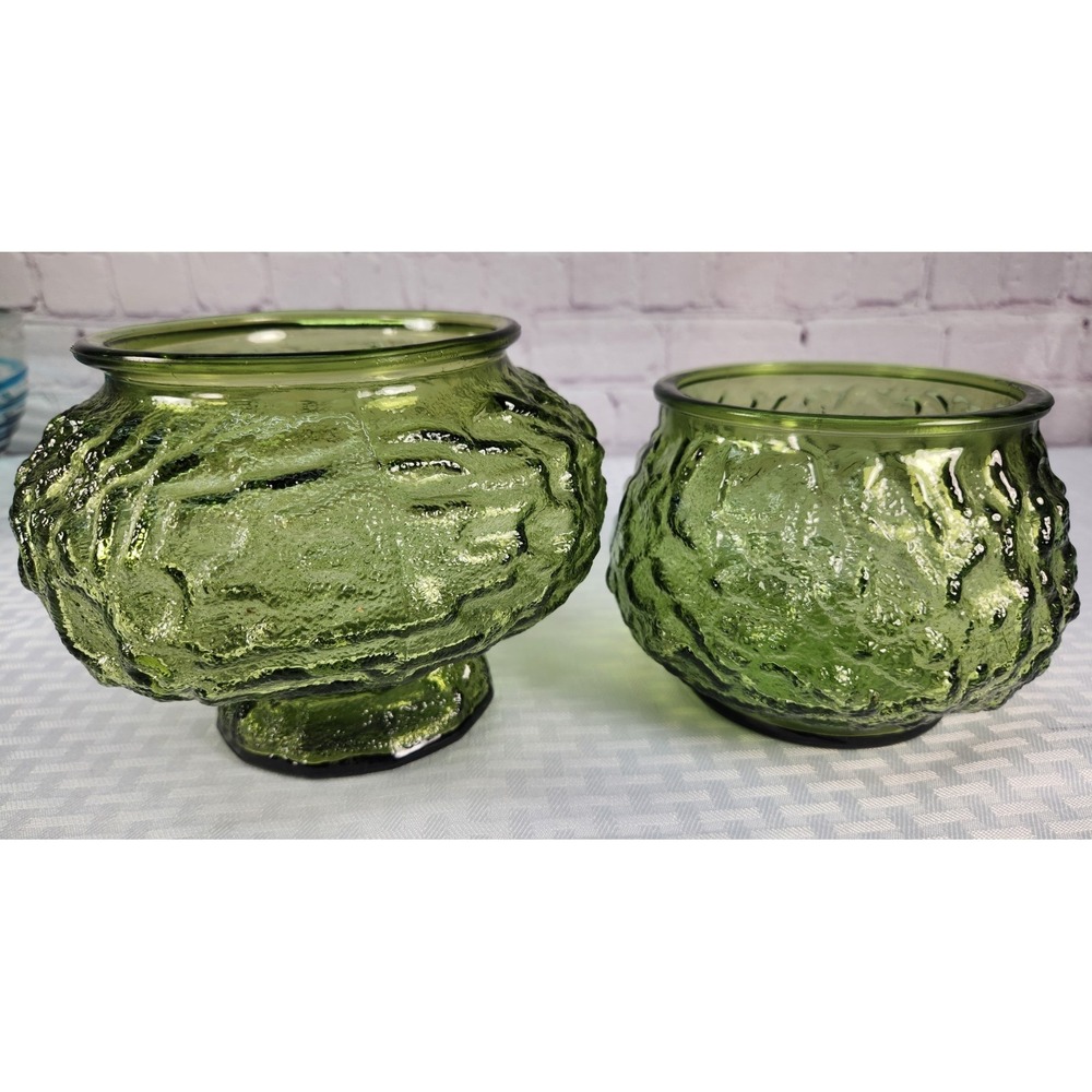 Set Of 2 Vintage E. O. Brody Green Crinkle Glass Vases Bowls / Planters We
